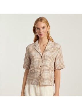 NWOT Everlane Linen The Notch Shirt Tan Cream Plaid Button Front Shirt size M